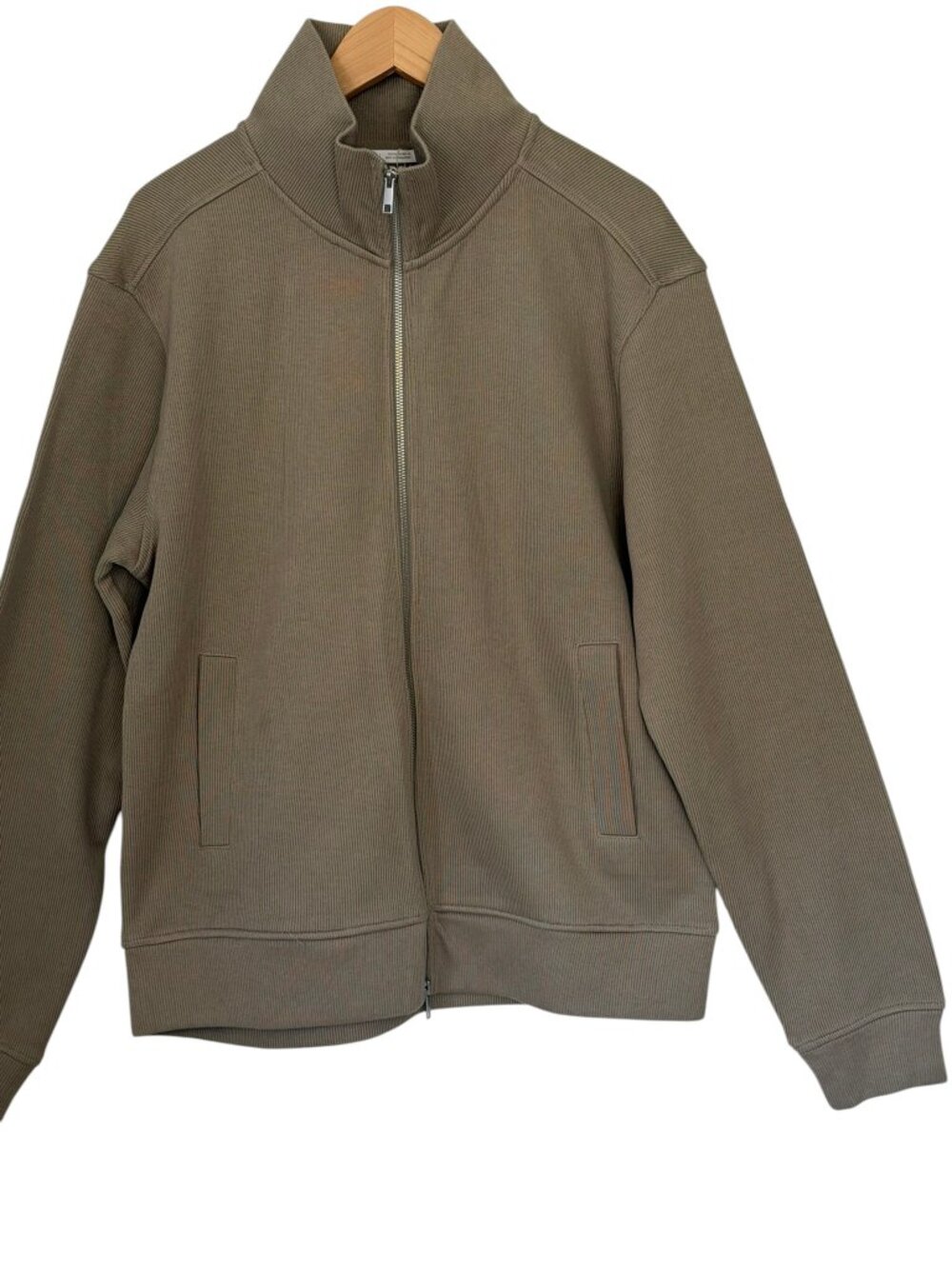 Zara Men 100% Cotton Interlock Ribbed Knit Full Zip Jacket Pocket Taupe Khaki XL